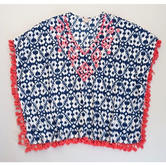 Beaches & Boho Swim Cover Up Blue Ikat Coral Tassel Fringe S/M - Picture 6 of 8